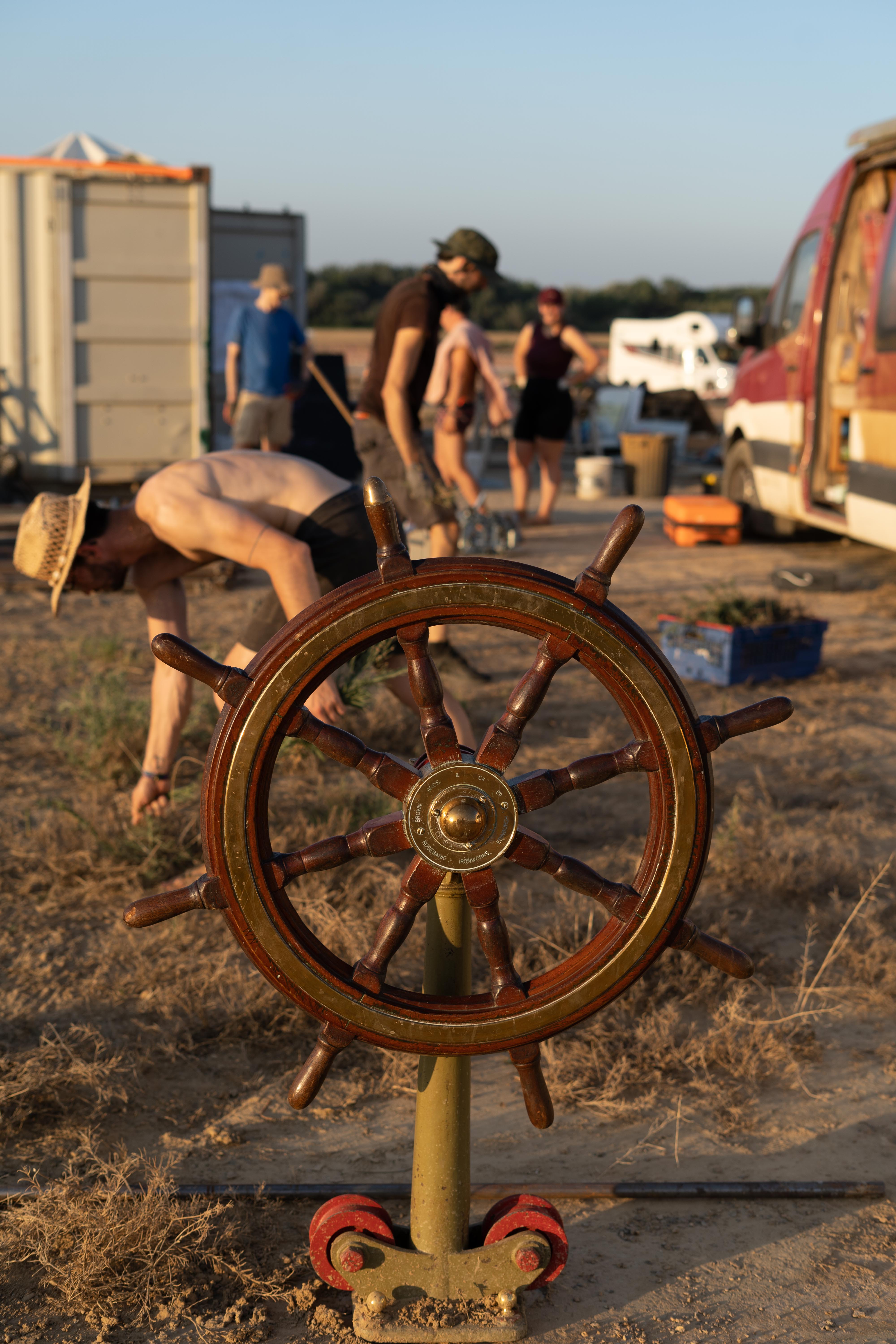 Ship's wheel decoration at Barrio YES! in the desert